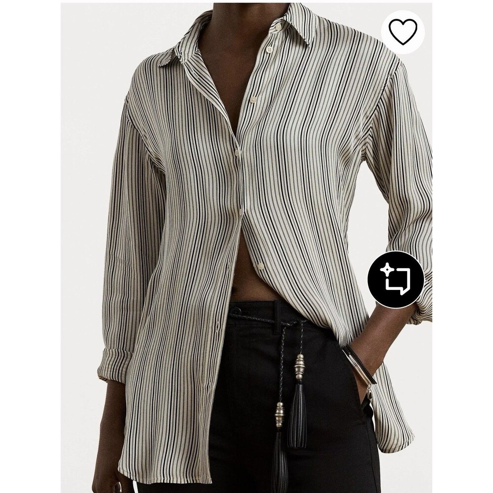 NWT Lauren Ralph Lauren Women's Relaxed Fit Striped Satin Shirt Blouse Wht/blk M